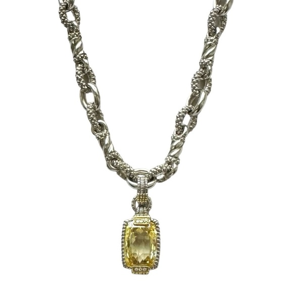 Judith Ripka JR Two Sterling Silver 18K Gold Canary Quartz Diamond Pendant - Picture 3 of 12